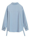 Women Light Blue Denim Ribbon Blouse New Lapel Long Sleeve Loose Fit Shirt Spring Autumn