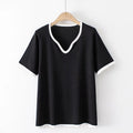 T-Shirt For Women Clothes Casual Ice Silk Knitted Tops Peach Collar Contrast Tee Summer