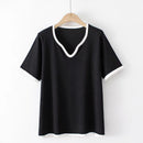 T-Shirt For Women Clothes Casual Ice Silk Knitted Tops Peach Collar Contrast Tee Summer