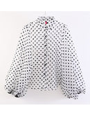 Women Red Dot Mesh Elegant Blouse Lapel Long Lantern Sleeve Loose Fit Shirt Tide Spring Autumn