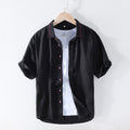 Pure Linen Summer Striped Shirts for Men Short Sleeve Patchwork Shirt Male