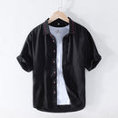 Pure Linen Summer Striped Shirts for Men Short Sleeve Patchwork Shirt Male