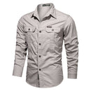 Casual Cotton Men Shirts Solid Stand Collar Pocket Button Up Shirts for Men Long Sleeve Shirts Men