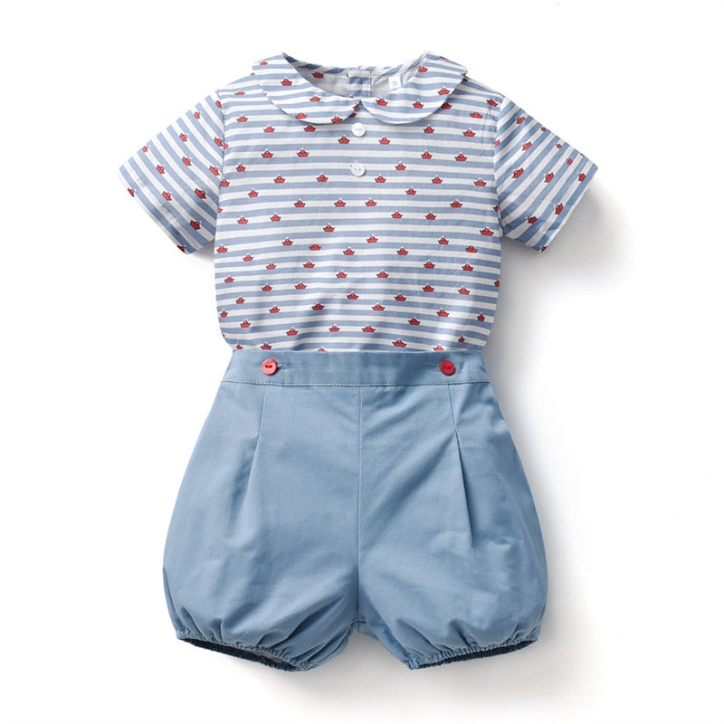 Baby Boy Spanish Clothes Set Children Summer Cotton Outfits Striped Tops Shirt Peter Pan Collar Blue Shorts Pants