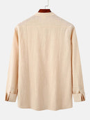 Mens Shirts Solid Long Sleeve Blouse Non-Stretch Fabric Linen Texture Tops Stand Collar with Patch Pocket