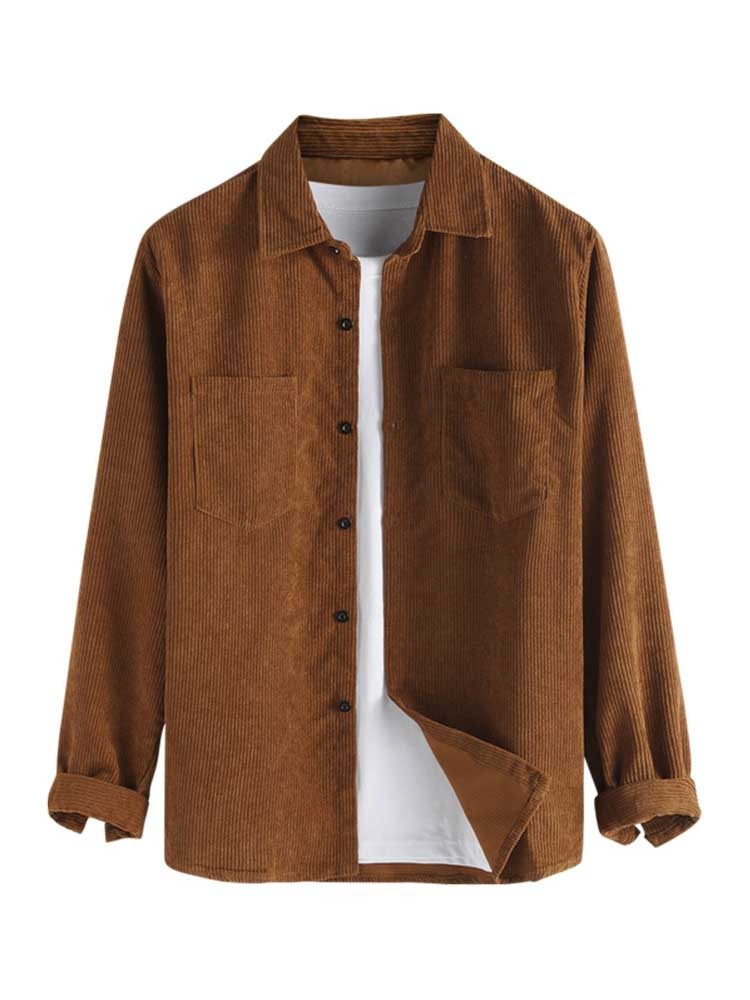 Men Shirts Corduroy Long Sleeves Shirt with Pocket Fall Winter Solid Shacket Vintage Streetwear Blouse Tops Unisex Style