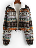 Drawstring Faux Shearling Knit Jacket Women Zip Up Drop Shoulder Coat Winter Warm Casual Outwear