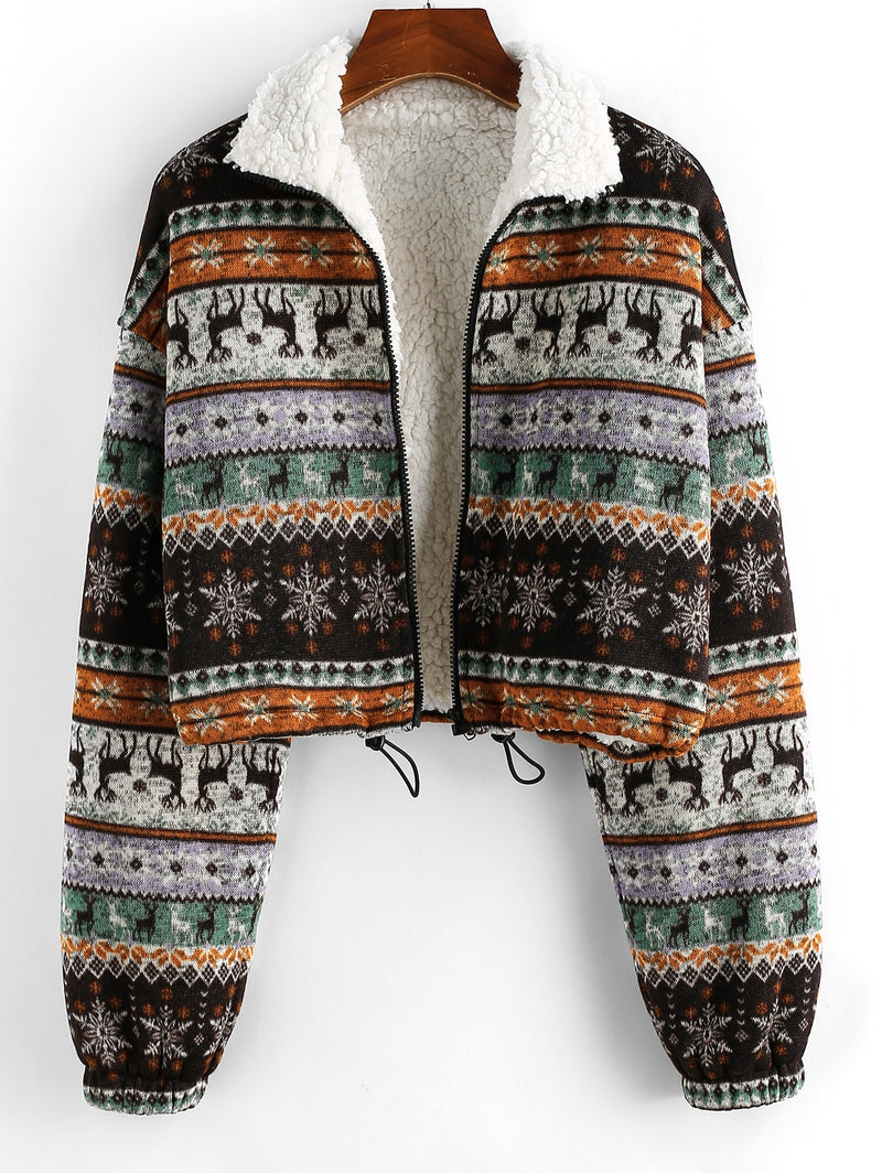 Drawstring Faux Shearling Knit Jacket Women Zip Up Drop Shoulder Coat Winter Warm Casual Outwear