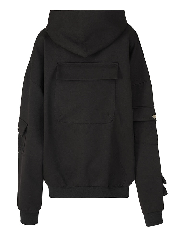 Loose Fit Black Pockets Casual Sweatshirt New Hooded Long Sleeve Women on Tide Spring Autumn