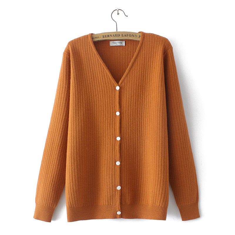 Women Knitted Cardigan Temperament Pure V-Neck Jumpers Autumn Basic Long Sleeve Curve Sweater