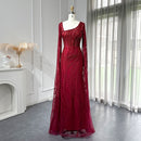 Elegant Burgundy Mermaid Evening Dresses with Long Sleeve Luxury Dubai Crystal Women Wedding Formal Party Gown