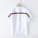 Pure Linen Summer Striped Shirts for Men Short Sleeve Patchwork Shirt Male