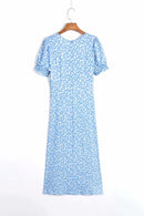 Vintage Blue Floral Summer French Style Indie Folk Square Collar Sexy Beach Forking Midi Dress Women