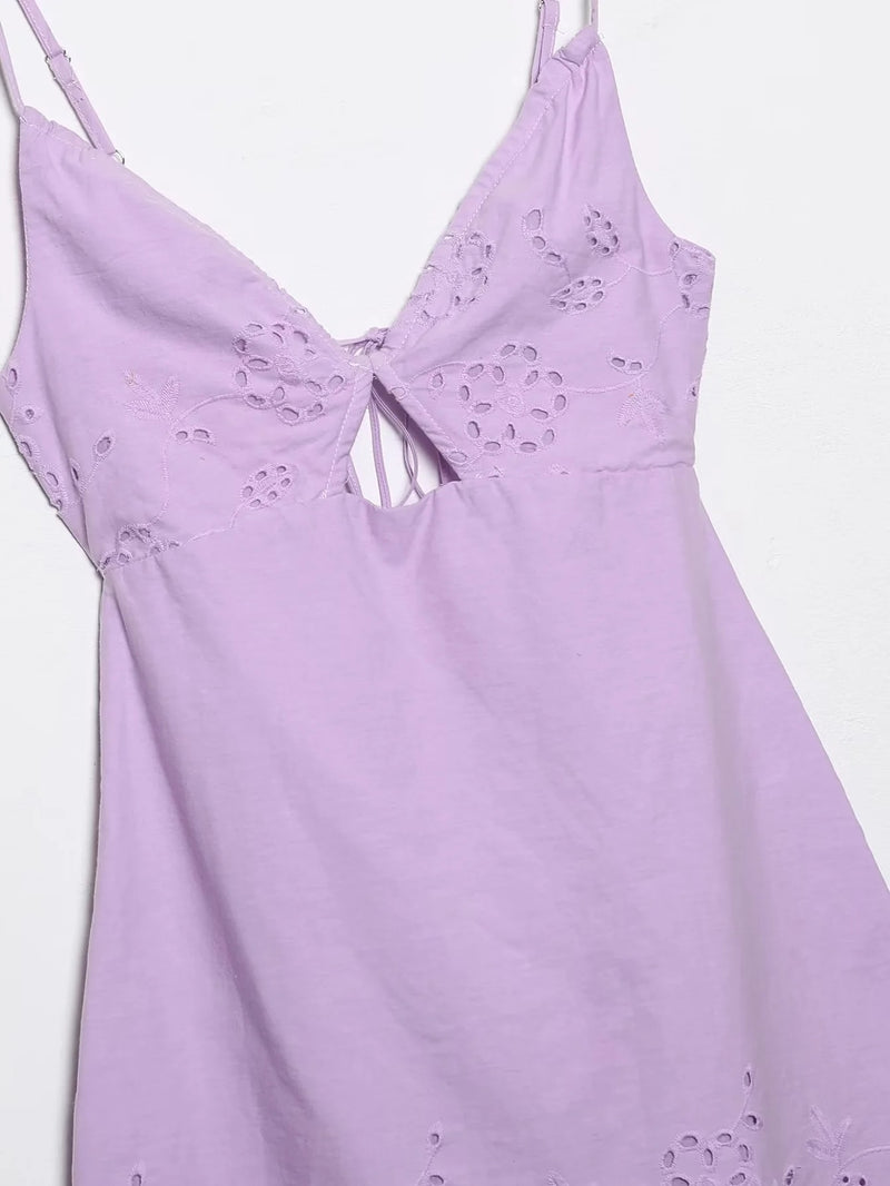 French Elegant Violet Dress Spaghetti Strapless Hollow Out Sexy Beach Mini Dress Women