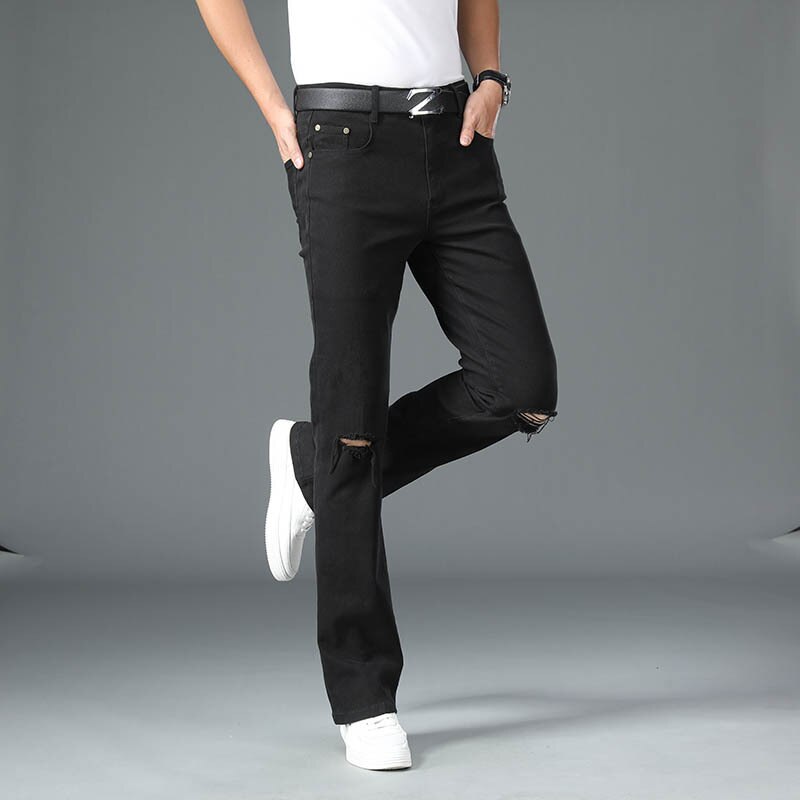 Men Four Seasons Mid-waist Micro-Flare Ripped Jeans High Quality Black Casual Pants