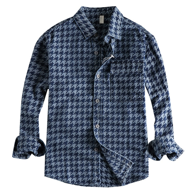 Spring and autumn new knitted jacquard Denim Long Sleeved Shirt Men trend loose youth shirt thin coat
