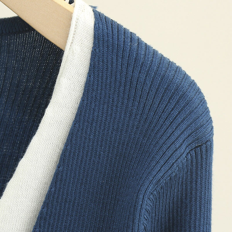 Sweater Ladies Fashion Contrast Splice V-Neck Jumper Women Autumn Winter Basic Style Slim Knitted Pullovers
