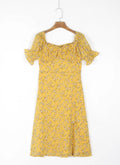 Summer Elegant Yellow Floral Dress Women French Vintage Chiffon Jacquard Weave Sexy Dress