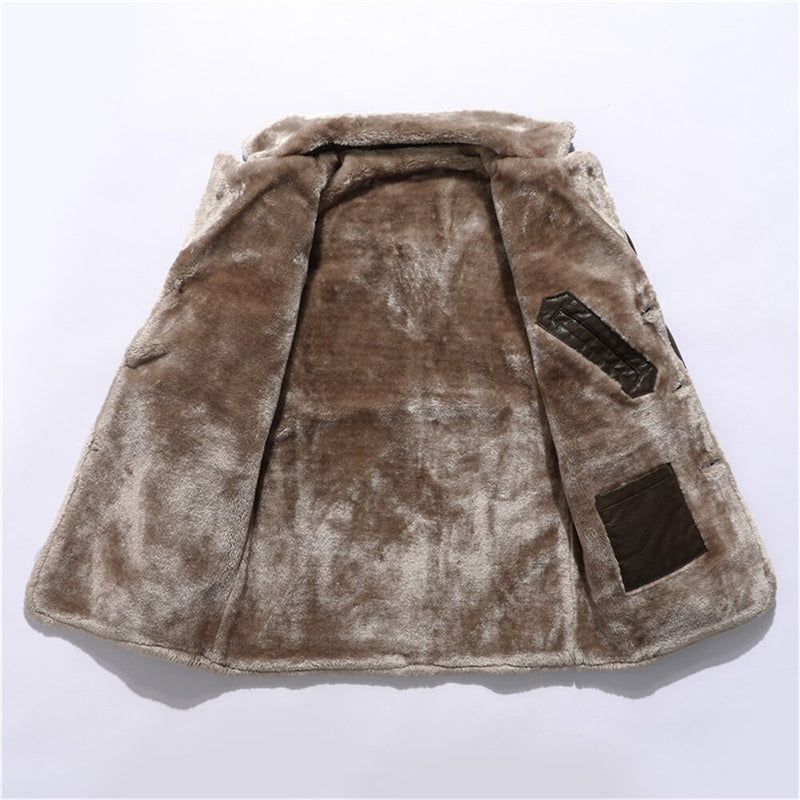 Mid-length Business Men‘s Leather Jacket Fleece Large Lapel Suit Plush Male Jacket Winter Warm Coats for Men