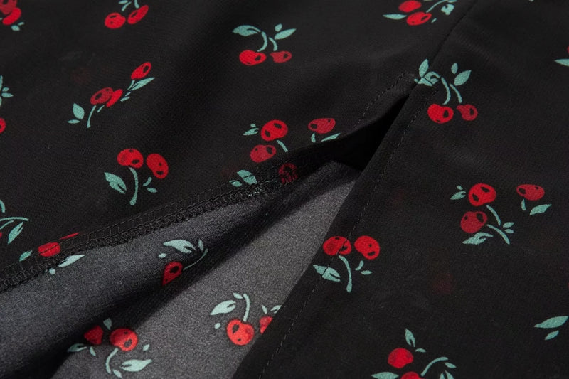 France Sexy Spaghetti Forking Party Dress Indie Folk vintage Cherry Suspender Dress Women