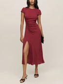 Dresses For Women Front Gathered Button Elegant Office Dress Round Neck Cap Sleeve Vintage Midi Dress With Slit