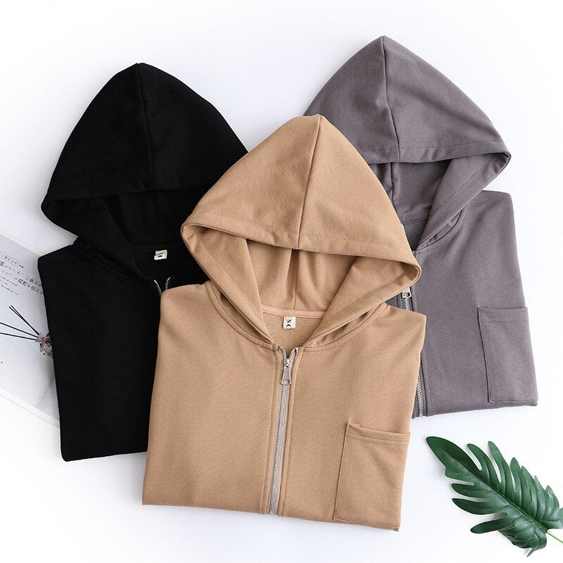 Hoodies Women Clothing LOOSE Drawstring On Both Sides Hooded Sweatshirts Casual Terry Zip-Up Outerwear Autumn