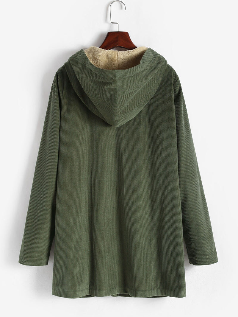 Corduroy Fleece Lined Pockets Hooded Coat Women Long Thermal Warm Zipper Jacket Autumn Winter Casual Outerwear