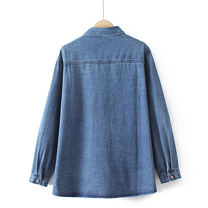 Autumn Jean Jacket Women Clothing Loose Fit Double Pocket Denim Coat Casual Long Sleeve Blue Outwear