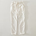 Summer Men Solid Simple Casual Thin Natural Cotton Linen Pants Elastic Waist Drawstring White Beach Trousers