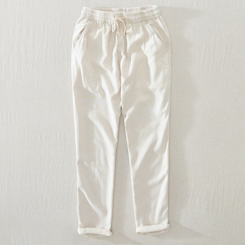 Summer Men Solid Simple Casual Thin Natural Cotton Linen Pants Elastic Waist Drawstring White Beach Trousers