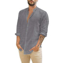 Men Long-Sleeved Shirts Summer Solid Stand-Up Collar Casual Beach Style