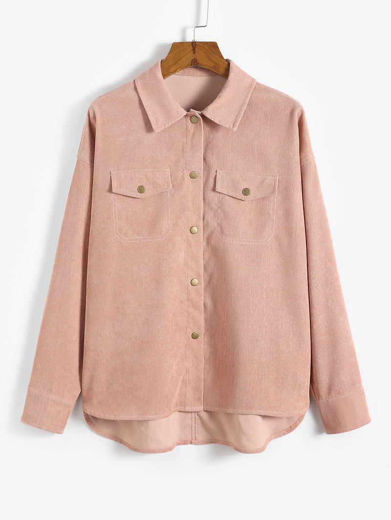 High Low Flap Details Corduroy Shacket Female Long Sleeve Single Breasted Shirt Jacket Spring