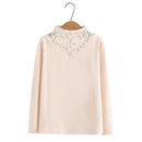Women Autumn Winter Stand Collar Splice Lace Slim Tops Fleece Warm Long Sleeve Tees