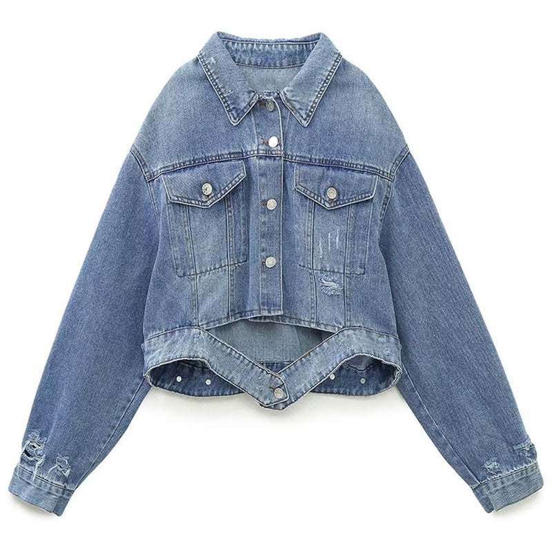 High Street Burrs Sashes Washed Loose Denim Jacket Coat Women