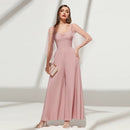 Dress Pink Tulle Flare Sleeve Waist Women Mesh V-Neck Evening Dress New Women Sweet Evening Dress Bridesmaid Dress