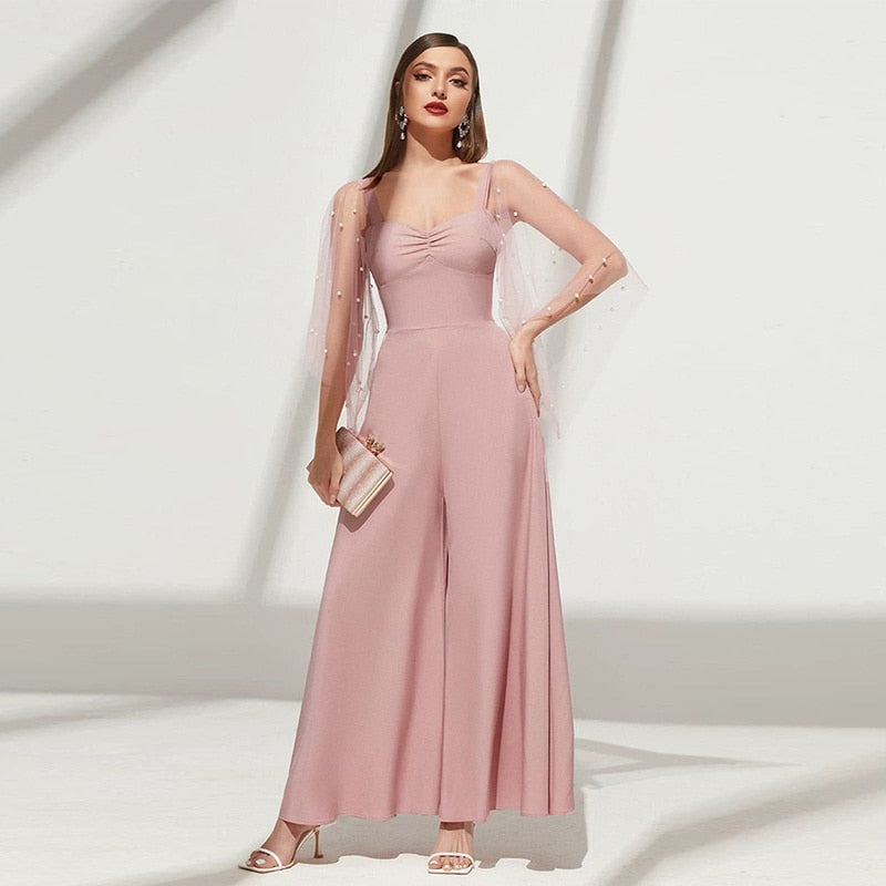 Dress Pink Tulle Flare Sleeve Waist Women Mesh V-Neck Evening Dress New Women Sweet Evening Dress Bridesmaid Dress