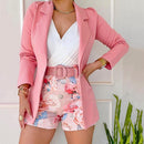 Women Blazer Shorts Set Solid Thin Coat High Waist Flower Short Pants Commute Cardigan Style Lady Outfit