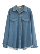 Women Clothing Denim Jacket Full Sleeve Cotton Turn-down Collar VINTAGE Pockets Solid STANDARD Tassel Coats