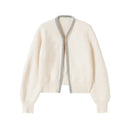 Women Crystal Front Wool Short Rhinestone Cardigan High Quality Knitted Top Shines Winter Sweater Clothing