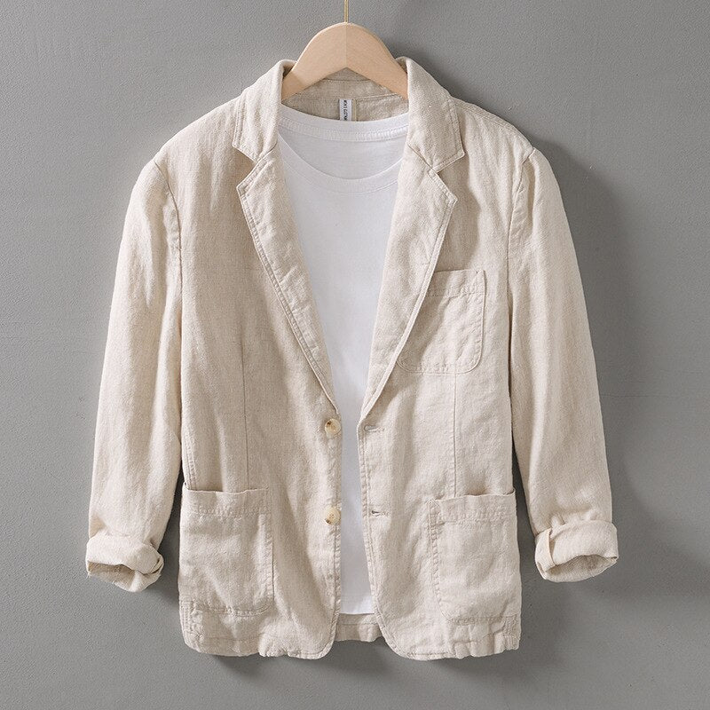 Spring Summer Men Solid Single Button Linen Blazers Style High Quality Retro Casual Daily Suit