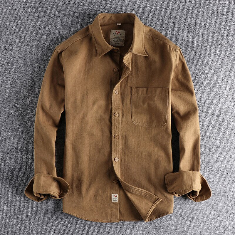 Twill Cotton Cargo Shirt For Men America Style Simple Casual Loose Overalls Blouse Pocket Long Sleeve Vintage Versatile Male Top