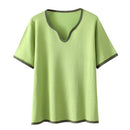 T-Shirt For Women Clothes Casual Ice Silk Knitted Tops Peach Collar Contrast Tee Summer