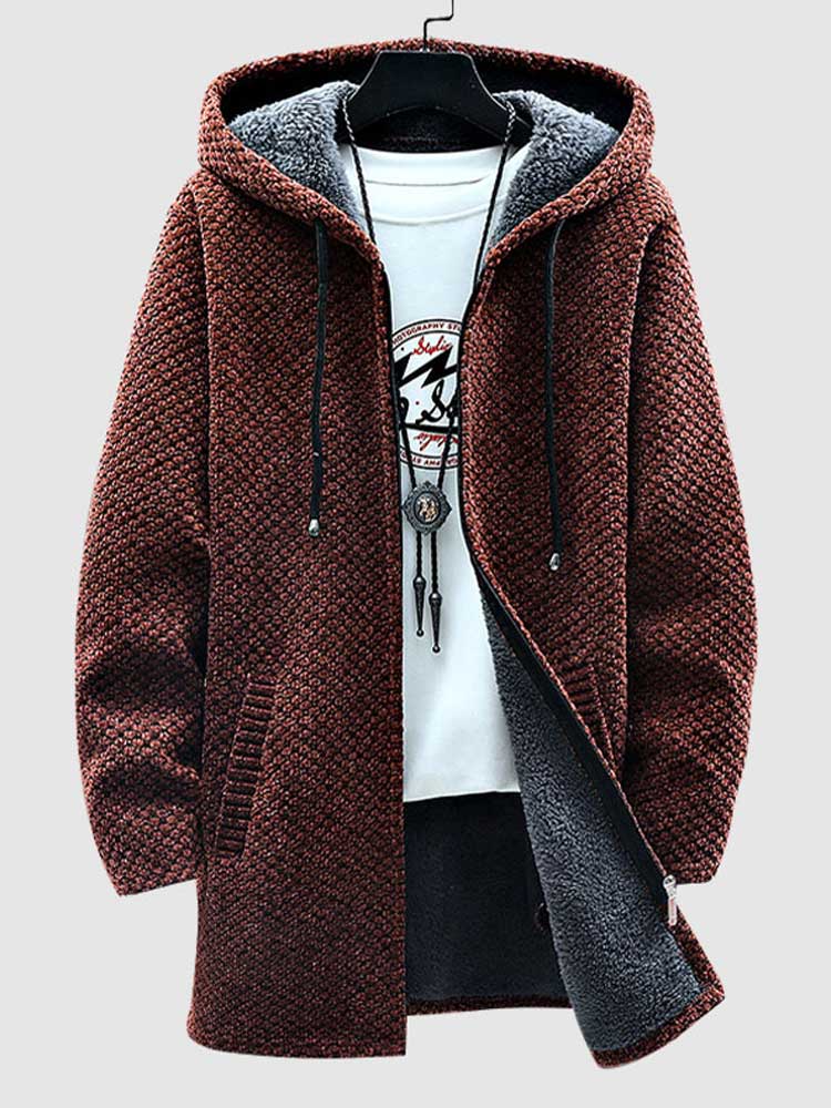 Fleece-lined Sweatercoat for Men Zipper Long Hooded Cardigan Solid Thicken Outerwear Fall Winter Warm Jackets Sweater