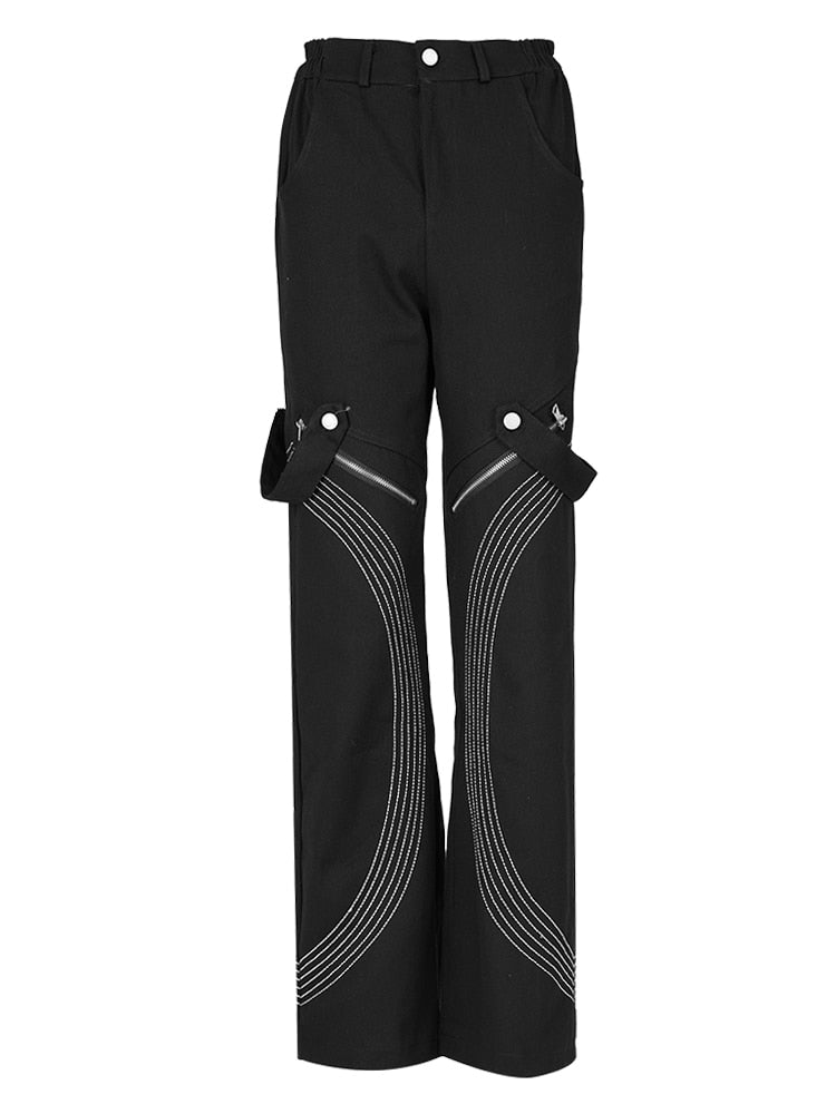 Taille haute noir broderie poches décontracté pantalons longs coupe ample pantalon femmes marée printemps automne