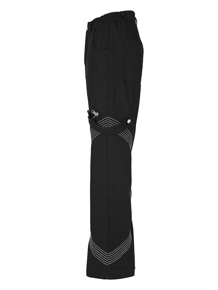 Taille haute noir broderie poches décontracté pantalons longs coupe ample pantalon femmes marée printemps automne
