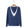 Sweater Ladies Fashion Contrast Splice V-Neck Jumper Women Autumn Winter Basic Style Slim Knitted Pullovers