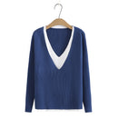 Sweater Ladies Fashion Contrast Splice V-Neck Jumper Women Autumn Winter Basic Style Slim Knitted Pullovers