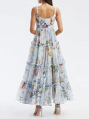 Summer Camisole Long Dress For Women Square Collar Sleeveless High Waist Ruched Print Pullover Dresses Female Clothing