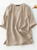 Summer Casual Tops Woman Half Sleeve V-Neck Blouse Female Solid Cotton Shirt Loose Tunic Chemise Oversized