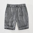 Striped Shorts for Men Pure Linen Casual Elastic Waist Button Up Short Pants Summer